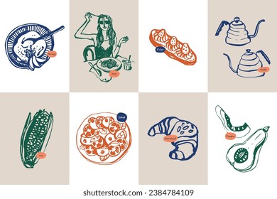 Minimalist hand drawn food and drink vector illustration collection. Art for for postcards, branding, logo design, background.