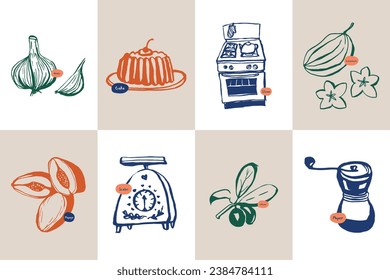 Minimalist hand drawn food and drink vector illustration collection. Art for for postcards, branding, logo design, background.