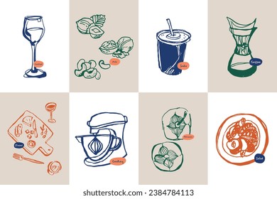 Minimalist hand drawn food and drink vector illustration collection. Art for for postcards, branding, logo design, background.