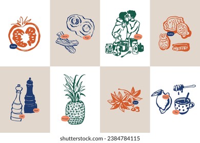 Recogida de ilustraciones vectoriales de alimentos extraídos a mano y bebidas. Arte para postales, marca, diseño de logotipo, fondo.