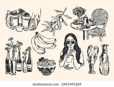 Minimalist hand drawn food and drink vector illustration collection