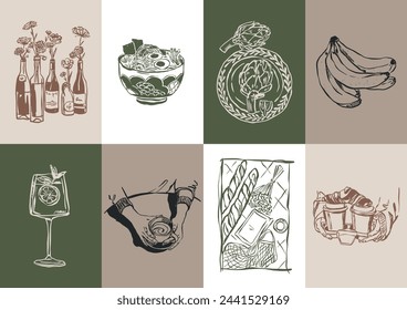 Minimalist hand drawn food and drink vector illustration collection