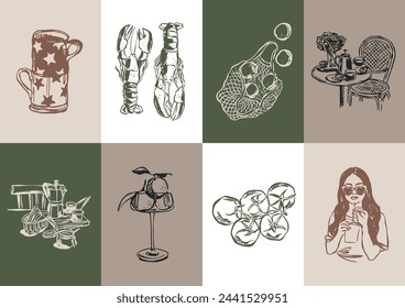 Minimalist hand drawn food and drink vector illustration collection