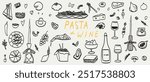 Minimalist hand drawn food and drinks vector illustration collection. Art for greeting cards, wedding invitations, poster design, postcards, branding, logo. Different mediterranean wine and pasta set.