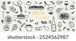 Minimalist hand drawn food and drinks vector illustration collection. Art for greeting cards, wedding invitations, poster design, postcards, branding, logo. Different mediterranean wine and pasta set.