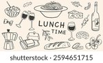Minimalist hand drawn food and drinks illustration. Sketch lunch icons in crayon drawing style. Vector of wine glass, spaghetti, olives, cheese. Doodle mediterranean food. La dolce vita italian style