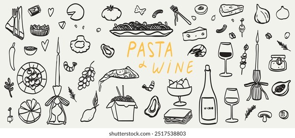 Colección de Ilustración vectorial de alimentos y bebidas minimalista dibujada a mano. Arte para tarjetas de felicitación, invitaciones de boda, diseño de carteles, postales, marca, logotipo. Diferentes vinos mediterráneos y pasta.