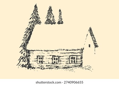 Minimalist hand drawn forest pine trees and alone rustic wooden hut or cottage. Vintage sketch vector illustration.