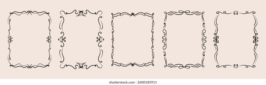 Minimalist hand drawn frames collection. Decorative borders in coquette style with bows ribbons, line art frame set, doodle ornamental elements. Elegant vector design.