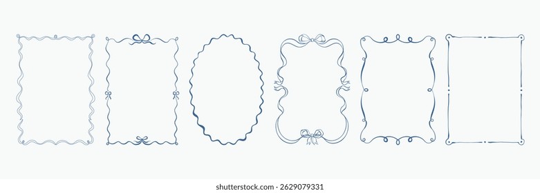 Minimalist hand drawn frames set. Vintage doodle frames with wavy lines, ribbons, bows. Coquette frames for poster, birthday or wedding invitation, whimsical Christmas, Valentine, la dolce vita card.