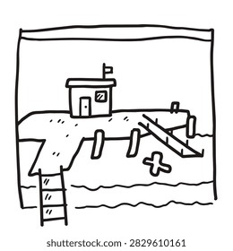 A minimalist hand drawn illustration featuring a wooden dock extending over water with a small building or shed on top and a ladder leading down