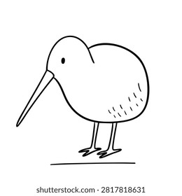 A minimalist hand drawn illustration of a flightless kiwi bird with a long beak standing on the ground
