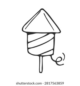 A minimalist hand drawn illustration of a pyrotechnic rocket with a fuse isolated on a white background