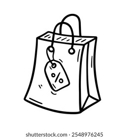 Minimalist hand drawn illustration of a shopping bag with a discount tag, ideal for sales, e-commerce, and promotional designs.