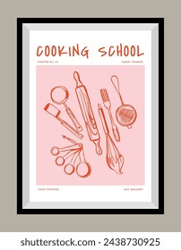 Póster de impresión vectorial de utensilios de cocina dibujados a mano minimalistas en un marco. Arte para postales, marca, diseño de logotipo, tarjeta de felicitación