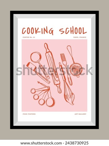 Minimalist hand drawn kitchen utensils vector print poster in a frame. Art for postcards, branding, logo design, greeting card