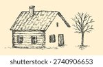 Minimalist hand drawn landscape with alone old tree, rustic wooden hut or wood house. Vintage sketch vector illustration.