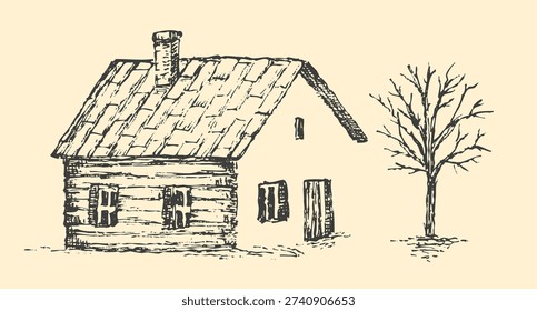 Minimalist hand drawn landscape with alone old tree, rustic wooden hut or wood house. Vintage sketch vector illustration.