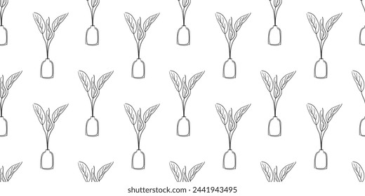 Minimalist hand drawn line flower seamless pattern. Children style floral doodle background, nature shapes wallpaper.