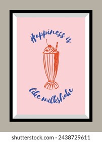 Minimalist hand drawn milkshake vector print poster in a frame. Art for postcards, branding, logo design, greeting card