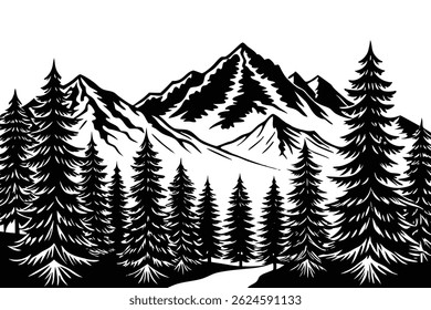 Minimalist Hand Drawn Mountain and Pine Tree Line Art Landscape. Black and White Vector Illustration of Majestic Mountains, Pine Forest, and Wilderness Scene