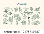 Minimalist hand drawn ocean beach vector illustration collection. Art for greeting cards, wedding invitations, poster design, postcards, branding, logo design, background.	