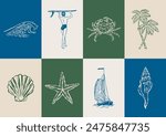 Minimalist hand drawn ocean beach vector illustration collection. Art for greeting cards, wedding invitations, poster design, postcards, branding, logo design, background.