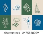 Minimalist hand drawn ocean beach vector illustration collection. Art for greeting cards, wedding invitations, poster design, postcards, branding, logo design, background.
