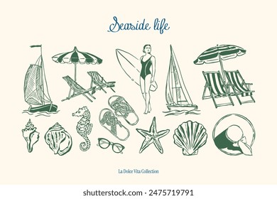 Minimalist hand drawn ocean beach vector illustration collection. Art for greeting cards, wedding invitations, poster design, postcards, branding, logo design, background.	