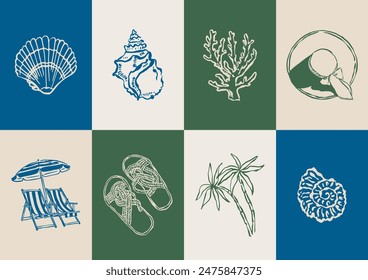 Minimalist hand drawn ocean beach vector illustration collection. Art for greeting cards, wedding invitations, poster design, postcards, branding, logo design, background.