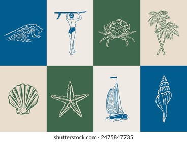 Minimalista dibujado a mano colección de Ilustración vectorial de playa oceánica. Arte para tarjetas de felicitación, invitaciones de boda, diseño de póster, postales, marca, diseño de logotipo, fondo.