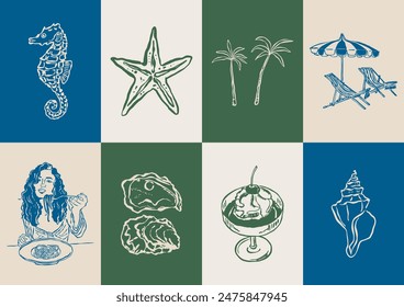 Minimalist hand drawn ocean beach vector illustration collection. Art for greeting cards, wedding invitations, poster design, postcards, branding, logo design, background.