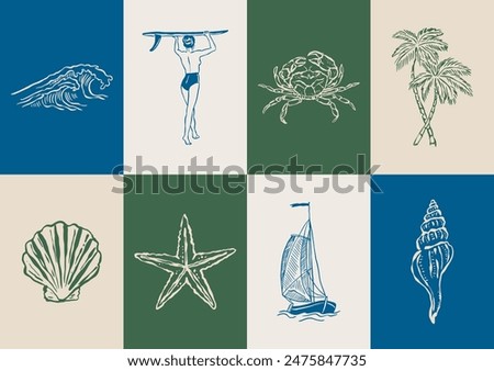 Minimalist hand drawn ocean beach vector illustration collection. Art for greeting cards, wedding invitations, poster design, postcards, branding, logo design, background.