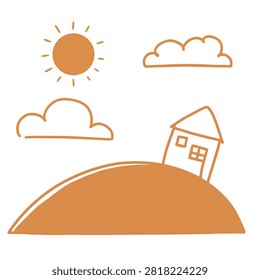 A minimalist hand drawn orange line art illustration of a small house sitting on a grassy hill with a sun and clouds in the sky