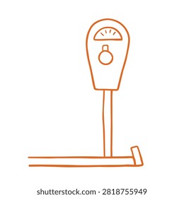 A minimalist hand drawn orange outline of a classic parking meter standing on a sidewalk curb