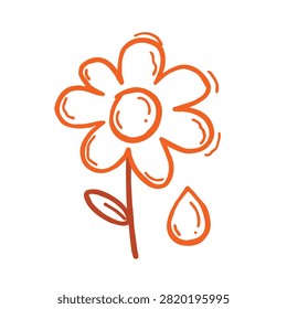 A minimalist hand drawn orange outline of a blooming flower on a stem with one leaf and a small water drop icon isolated on white background