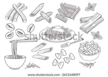 Minimalist hand drawn pasta set. Various Mediterranean spaghetti. Italian food illustrations for cafe or restaurant menu. Doodle sketch icons.