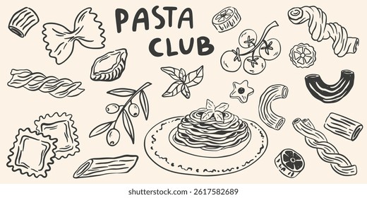 Minimalist hand drawn pasta vector set. Different Mediterranean spaghetti types. Italy la dolce vita coast food for greeting cards, poster, postcards. Doodle sketch icons in crayon drawing style