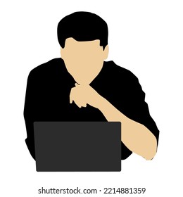 Minimalist hand drawn people who like to sit and watch notebooks, business people working, man sitting with chin, male businessman character.