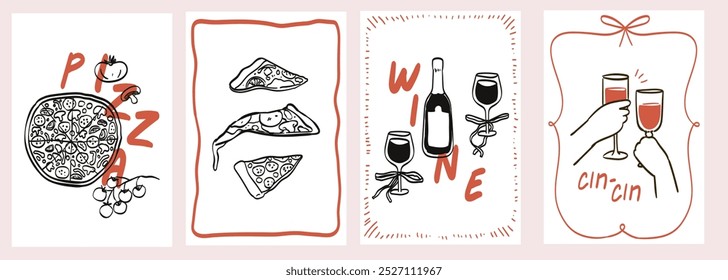 Minimalistische handgezeichnete Pizzagrafik für Wandkunst-Kollektion im einfachen Doodle-Line-Stil. Pizza und Wein Küche Plakat, Plakat, Banner oder Menü-Design. Italienische Lebensmittel und Getränke, Vektorgrafik.