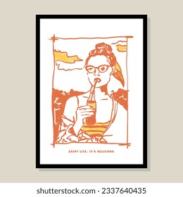 Minimalist hand drawn poster design with woman silhouette illustration for wall art collection