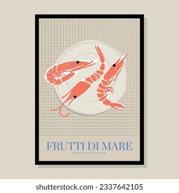 Minimalist hand drawn poster design with seafood illustration for wall art collection