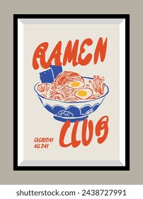 Minimalist hand drawn ramen vector print poster in a frame. Art for postcards, branding, logo design, greeting card