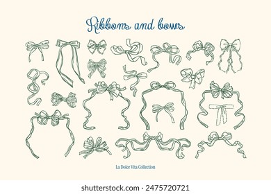 Minimalist hand drawn ribbons and bows vector illustration collection. Art for greeting cards, wedding invitations, poster design, postcards, branding, logo design, background.	