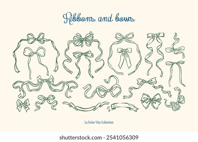 Minimalist hand drawn ribbons and bows vector illustration collection. Art for greeting cards, wedding invitations, poster design, postcards, branding, logo design, background.