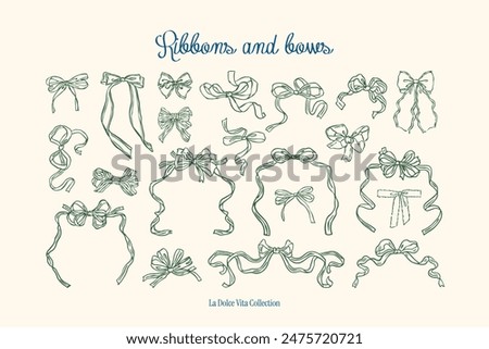 Minimalist hand drawn ribbons and bows vector illustration collection. Art for greeting cards, wedding invitations, poster design, postcards, branding, logo design, background.	