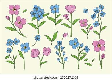 Conjunto de flores de hierbas de escorpión dibujado a mano minimalista - Ilustración botánica de Forget Me Not Subgrupos y hojas para diseño floral, invitaciones de Boda y decoración del hogar