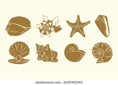 Minimalist hand drawn sea shell set. Vector coastal marine drawing silhouettes for logo, print, menu. Summer tropical beach ink shell doodle design elements.	
