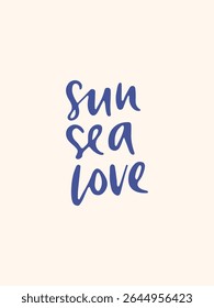 Ilustração minimalista do vetor do mar desenhado à mão com citação. Cartaz de férias de verão. Fundo de vida lenta mediterrâneo. Praia, surf art para cartão, cartão postal, banner