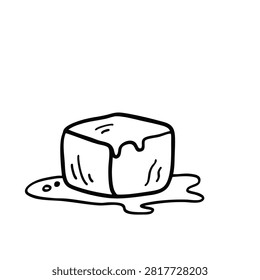A minimalist hand drawn sketch of a single ice cube melting into a small puddle of water on a white background
